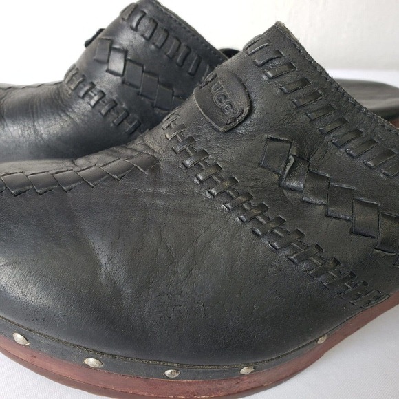 UGG Abbie Womens Black Leather Studded Wooded Clogs Size US 10 Sherpa Lined Mule - Picture 7 of 13